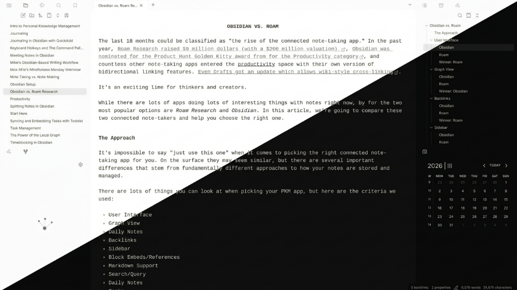 Základní obrazovka — tmavý režim, čistá typografie